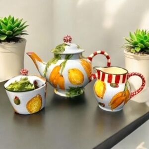 Droll Designs “Spring Vegetables” Teapot, Creamer, Covered Sugar Bowl Set VTG